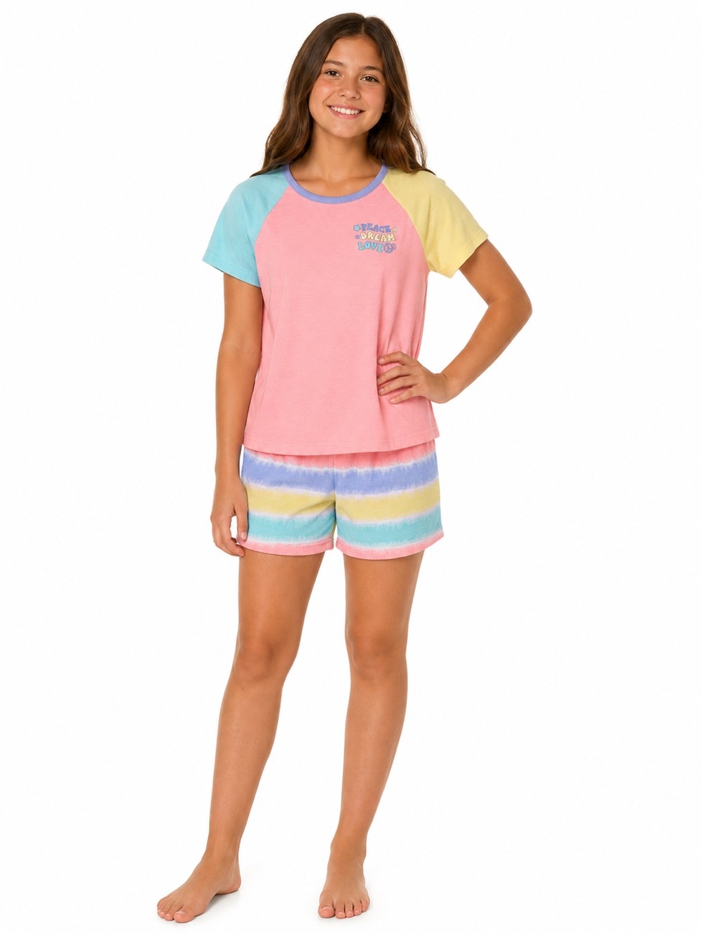 Girls Pastel Colorblock Short Pajama Set - Pink, Blue, Yellow - 0690